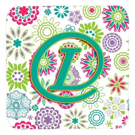 Letter L Flowers Pink Teal Green Initial Foam Coasters- Set Of 4